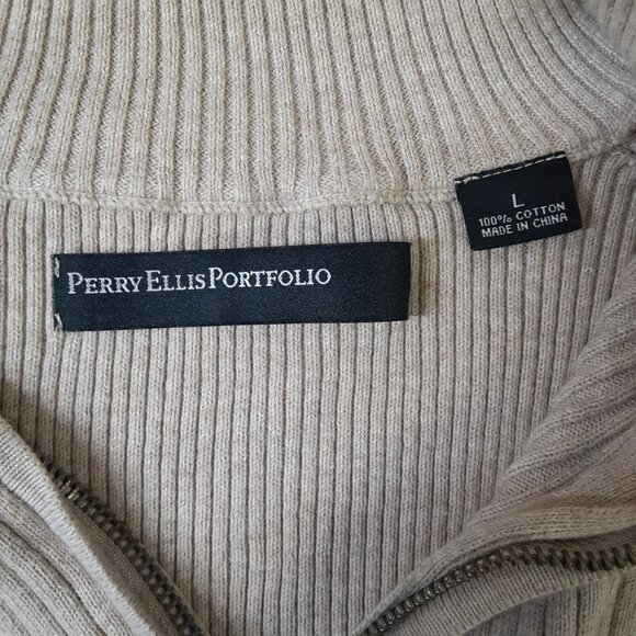 Perry Ellis Vintage Sweater LARGE 80's Beige Ribbed Long Sleeve Pullover 1/4 Zip - Picture 7 of 7